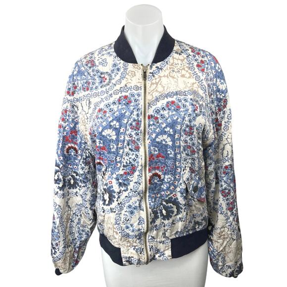 Free People Women's Blue Multicolor Floral Paisley Quilted Bomber Coat Jacket S - Picture 1 of 5